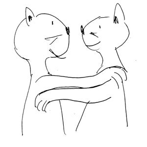 May include: A black and white line drawing of two cartoon animals hugging each other.