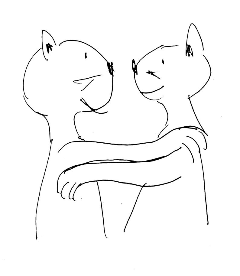 May include: A black and white line drawing of two cartoon animals hugging each other.