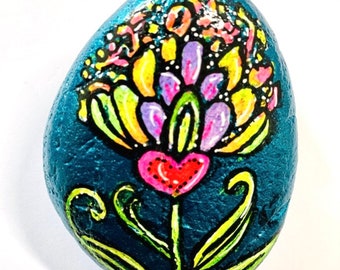 Unique Gift - Hand-painted colorful stone with metallic background and wonderful neon flower