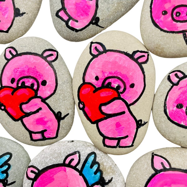 Personalisierter Glücksbringer der Liebe-  Glücksstein - heilende Steine - bemalte Steine Schweinchensteine mit Flügeln und Herzen
