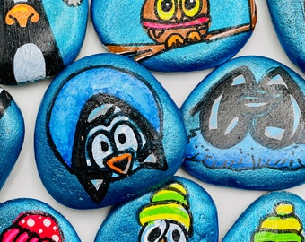 Hand-painted Stones - Set of 9 Winter Stones, Animals for Children's Birthday / Christmas Celebration