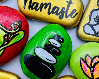 Unique Gift - Painted Stones (Set 9 Stones) - Relax - Gold - Flowers - Zen - Meditation - Yoga - Namaste