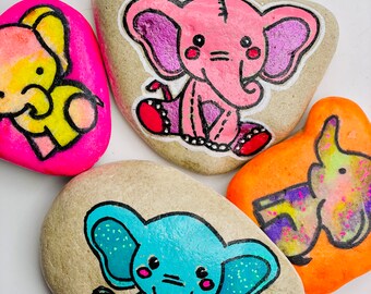 Unique Gift - Painted Stones Set 4 Elephants
