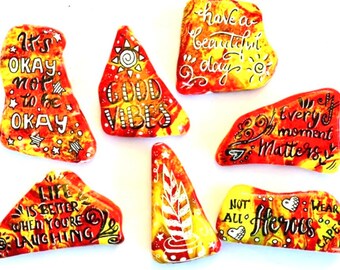 Unique Gift - Painted Stones - pouring rocks-Set of 7 -Quotes - Good Vibes - It is ok not to be ok - Every moment matters... and more