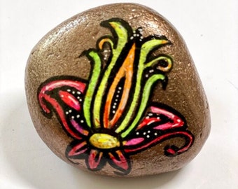 Unique Gift - Hand-painted colorful stone with metallic background and wonderful lotus flower