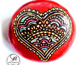 Unique Gift - Hand-painted round stone with mandala heart in metallic red