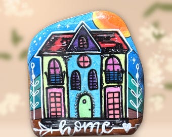 Hand Painted Stone Colorful House "Home" with Rainbow – Housewarming Gift, New Home Gift, Unique Rock Art