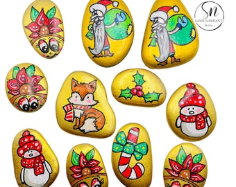 Hand-painted Stones - Set of 11 Winter Stones, for Children's Birthday / Christmas Celebration