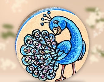 Hand Painted Stone Cute Blue Peacock – Colorful Feathers on Peach, Bird Lover Gift, Boho Decor, Unique Rock Art