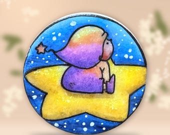 Hand Painted Stone Little Dreamer on a Star – Girl Sitting on Yellow Star, Night Sky, Nursery Decor, Kids Gift, Unique Rock Art