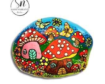 Unique Gift - Painted Stone Mushroom Home metallic paint