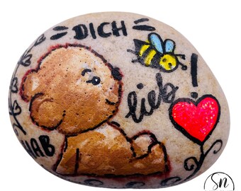 Hand-Painted Stone with Teddy Bear, Heart, Bee, and 'I Love You