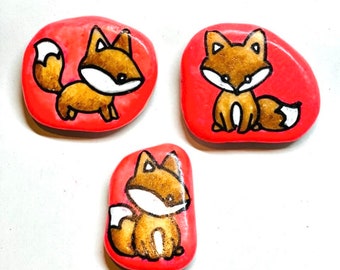 Unique Gift - Painted Stones (Set 3 Stones) - Foxes neon background