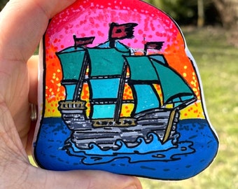 Einzigartiges Geschenk - Bemalter Stein Piratenschiff