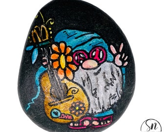 Hand-Painted Hippie Gnome Stone with Guitar and Peace Sign