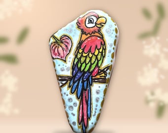 Hand Painted Stone Colorful Parrot on a Branch – Rainbow Macaw, Tropical Decor, Bird Lover Gift, Unique Rock Art