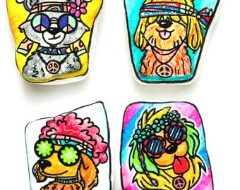 Unique Gift - Painted Stones Set 4 Hippy Dogs