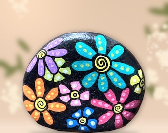 Hand Painted Stone Colorful Flowers on Black – Dotted Daisies, Boho Flower Art, Gift for Her, Unique Rock Art