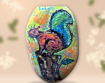 Hand Painted Stone Squirrel on a Tree Stump – Colorful Autumn Art, Woodland Decor, Nature Lover Gift, Unique Rock Art