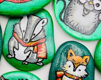 Hand-painted Stones - Set of 7 Winter Stones, Animals for Children's Birthday / Christmas Celebration