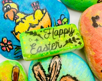 Unique Gift - Painted Stones Set of 6- Easter Stones - Lucky Stone - Painted Stones - glowing easter stones - neon colors
