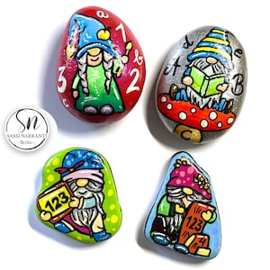 Unique Gift - Set of 4 Hand-Painted Stones with Cute Gnomes - The Perfect Gift for Back-to-School