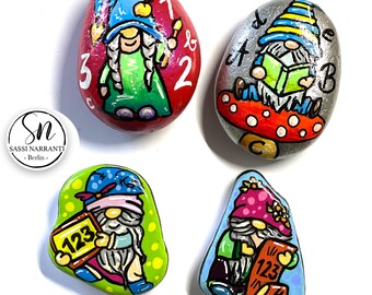 Unique Gift - Set of 4 Hand-Painted Stones with Cute Gnomes - The Perfect Gift for Back-to-School