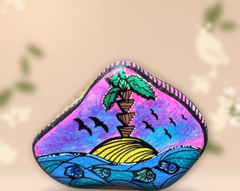 Hand Painted Stone Palm Tree Island at Sunset – Pink Purple Sky, Ocean Waves, Beach Decor, Vacation Gift, Unique Rock Art
