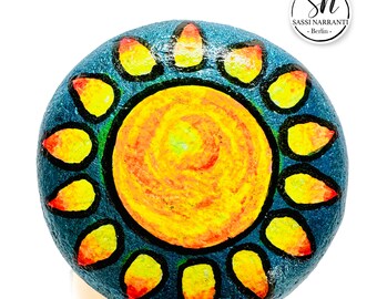 Unique Gift - Hand-painted stone with sun on metallic blue background