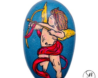 Hand-Painted Cupid Angel Stone on Blue Metallic Background