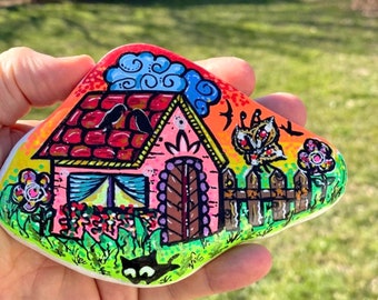 Einzigartiges Geschenk - Katzenhaus - bemaltem Stein