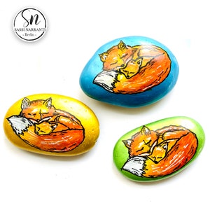 Einzigartiges Geschenk - Bemalter Stein - 3er Set Steine - Fuchs mit Baby Fuchs Füchse metallic