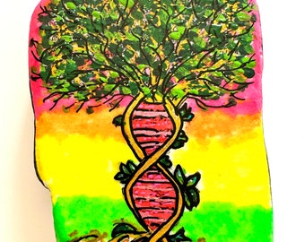 Unique Gift - Painted stone DNA Tree of life neon colours