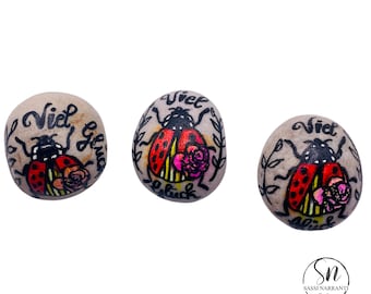 Set of 3 Hand-Painted Round Lucky Stones - Ladybugs with Flowers and 'Good Luck' Inscription