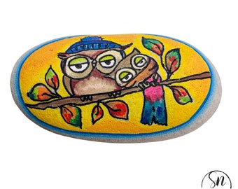 Hand-Painted Large Stone with Sweet Stylized Love Owls on a Branch