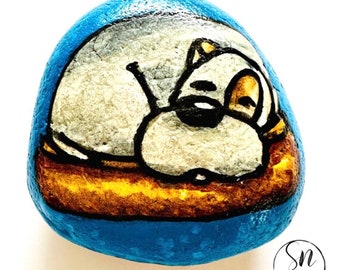 Unique Gift - Hand-painted stone with sleeping dog on metallic blue background