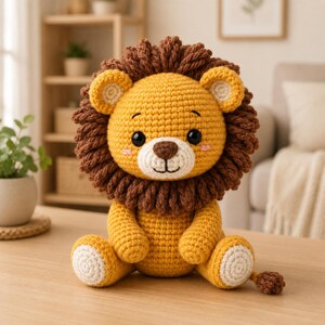 Può includere: Un leone di peluche realizzato all'uncinetto con un corpo giallo brillante, una folta criniera in filato marrone scuro e un muso bianco. Il leone presenta occhi a bottone neri, un naso ricamato marrone e piccole macchie rosa sulle guance. È seduto.