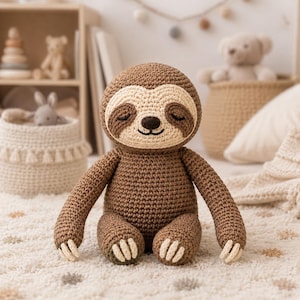 May include: A brown and cream-coloured crocheted sloth stuffed animal with long arms, closed eyes, and a small dark nose. The sloth has light-coloured claws on its hands and feet and is sitting in a neutral-toned room with other soft toys.