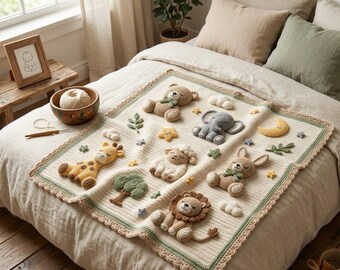 May include: A cream-colored crochet baby blanket featuring three-dimensional stuffed animal appliques including a bear, elephant, giraffe, sheep, rabbit, and lion, alongside crocheted clouds, stars, a moon, and trees with a scalloped green border.