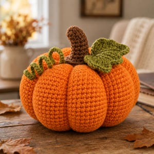 May include: A crocheted pumpkin in bright orange yarn featuring a brown stem, a textured green leaf, and a curly green vine. The pumpkin has a rounded, segmented shape with visible stitch details throughout the handmade fiber construction.