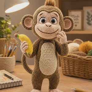 Könnte beinhalten: Eine gehäkelte Affenpuppe mit braunem Fell, einem hellbeigen Gesicht und einem beigen Bauchfleck. Der Affe hat große dunkle Augen, eine kleine Haarbüschel auf dem Kopf und hält eine gelbe gehäkelte Banane mit grüner Spitze in der rechten Hand.