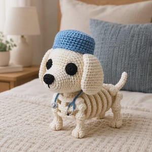 May include: A cream-colored crochet dog toy featuring a skeleton rib cage design, wearing a light blue surgical cap and a blue stethoscope around its neck. The dog has black button eyes and a black stitched nose, crafted in a soft yarn texture.
