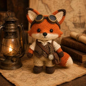 Peut inclure: Une peluche renard au crochet en fil orange et blanc, portant des lunettes marron sur la tête, une chemise beige, un gilet marron et une sacoche marron avec une montre de poche dorée attachée par une chaîne. Le renard a des yeux noirs.