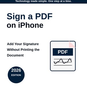 Może przedstawiać: Biały przewodnik informacyjny zatytułowany GoodGuides Sign a PDF on iPhone. Zawiera tekst Add Your Signature Without Printing the Document, ikonę PDF z grafiką podpisu oraz odznakę 2026 Edition. Stopka zawiera napis Clear. Simple. Practical.