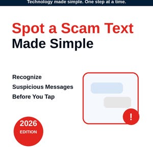 Op de afbeelding: Een informatieve afbeelding met de titel GoodGuides Spot a Scam Text Made Simple. Het bevat tekst over het herkennen van verdachte berichten, een 2026 editie badge en een afbeelding van een tekstballon met een rood waarschuwingsicoon.