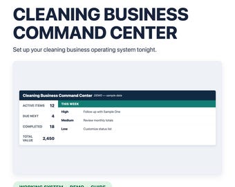 Centro de mando para empresas de limpieza / Planificador de negocios en Google Sheets, rastreador editable, guía para principiantes