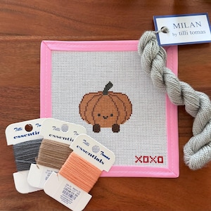 Puede incluir: Un lienzo cuadrado de punto de aguja con un borde de tela rosa que presenta un gráfico de calabaza marrón y el texto XOXO. Se incluyen tres carretes de hilo Tilli Tomas essentials en gris, bronceado y melocotón, más una madeja de hilo gris.