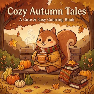 May include: A coloring book titled Cozy Autumn Tales: A Cute & Easy Coloring Book. The cover features a brown squirrel wearing a yellow sweater and plaid scarf, sitting on a wooden bench holding a steaming mug, surrounded by pumpkins and books.
