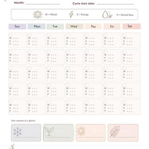 Puede incluir: Una hoja de seguimiento de ciclo imprimible con el título CYCLE TRACKER, una cuadrícula de calendario mensual con columnas para los días de la semana y secciones marcadas con M para Mood, E para Energy y P para Period flow. Incluye notas.