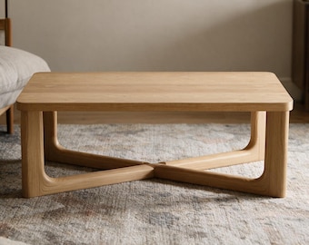 Solid Oak Coffee Table, Modern 50 Inch Rectangular Natural Wood Living Room Furniture